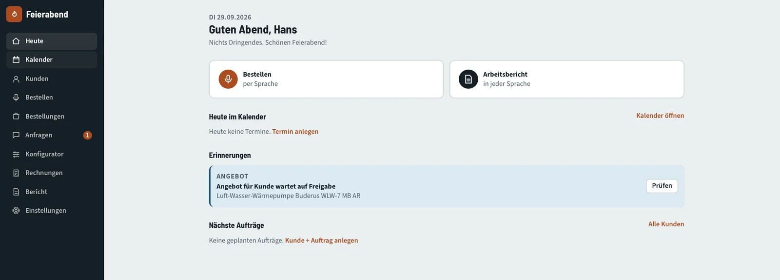 Übersicht „Heute“ im Dashboard der Vorlauf
